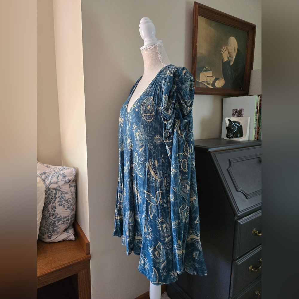 Free People Womens MEDIUM long Puff Sleeves Green Floral Short Dress - Picture 3 of 8